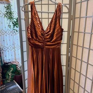 Maison Tara Copper Metallic Pleated Maxi Dress
